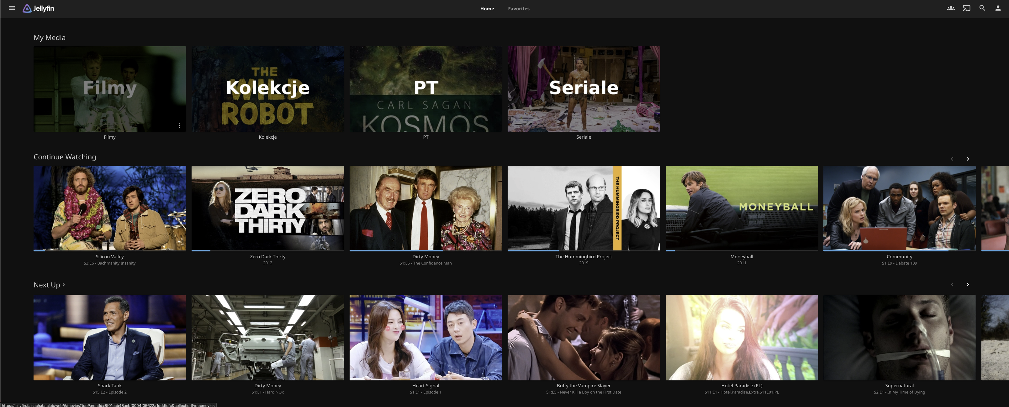 Jellyfin library view showing movies, collections, and continue watching